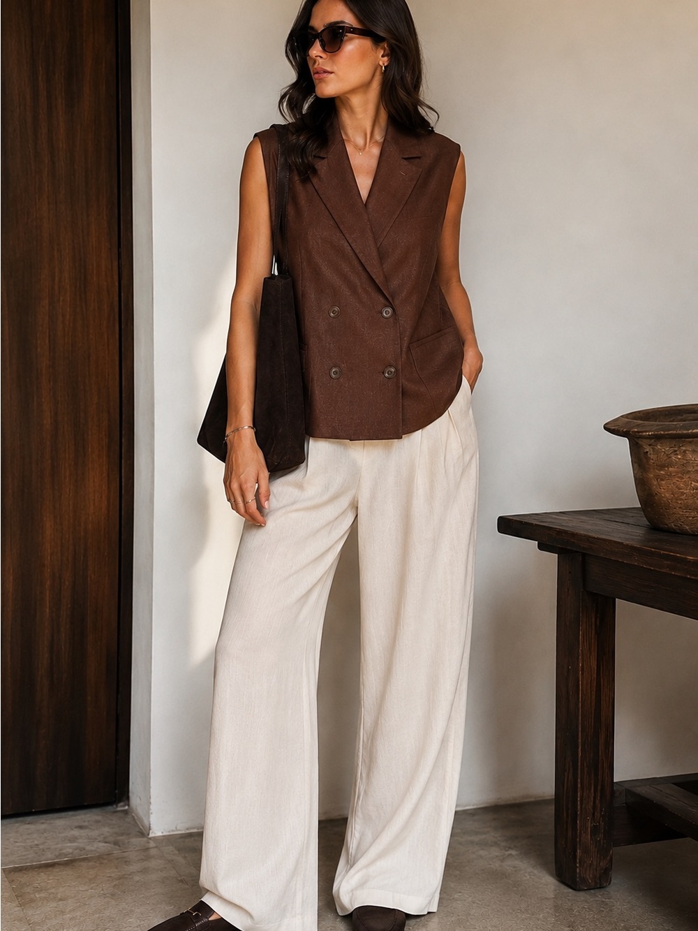H&M M - L Linen Blend Vest Brown Double Breasted Tailored Padded Shoulders chic